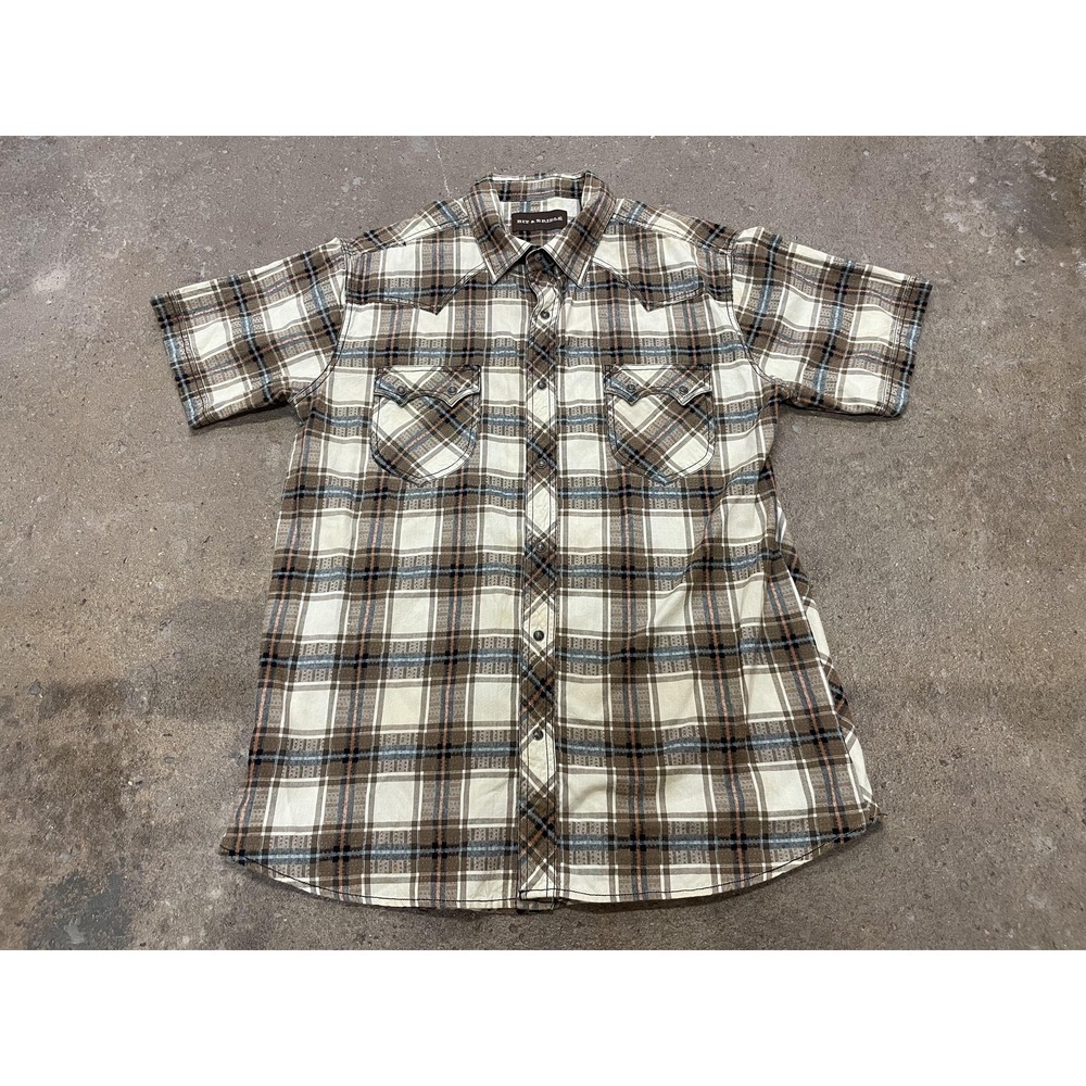 Bit & Bridle Shirt Mens Extra Large Brown Plaid Western Pearl Snap Short‎ Sleeve